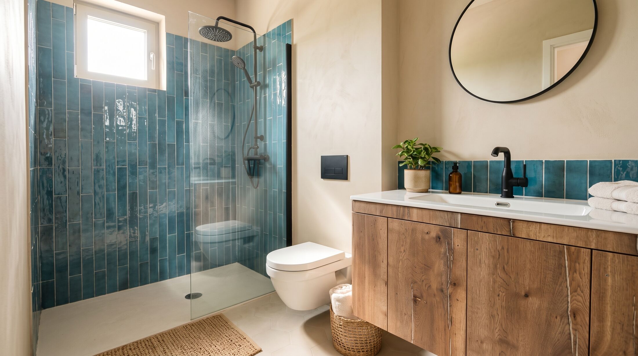 One of the two bathrooms: glossy teal tiles, a rain shower behind glass, a rustic oak vanity with a black tap and folded white towels.