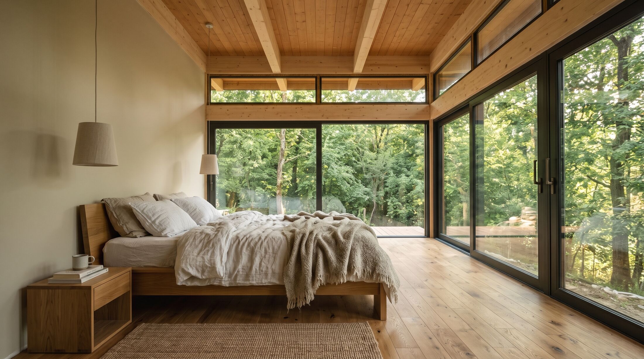 One of the two main bedrooms: a low oak bed in white and oatmeal linen, glass walls on two sides looking into the forest.