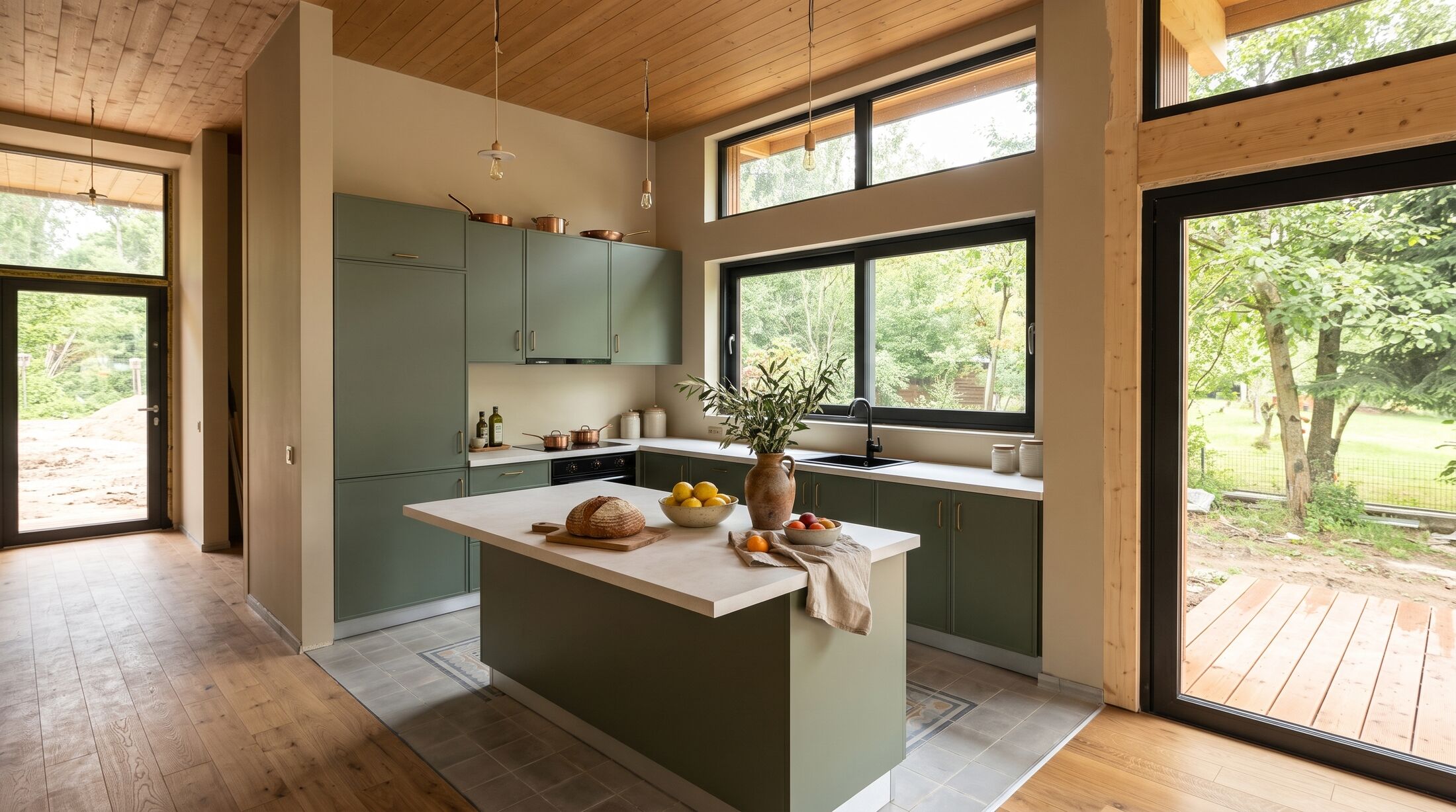 The kitchen styled: sage-green cabinets with brass handles, white worktops, a bowl of lemons and fresh bread on the island.