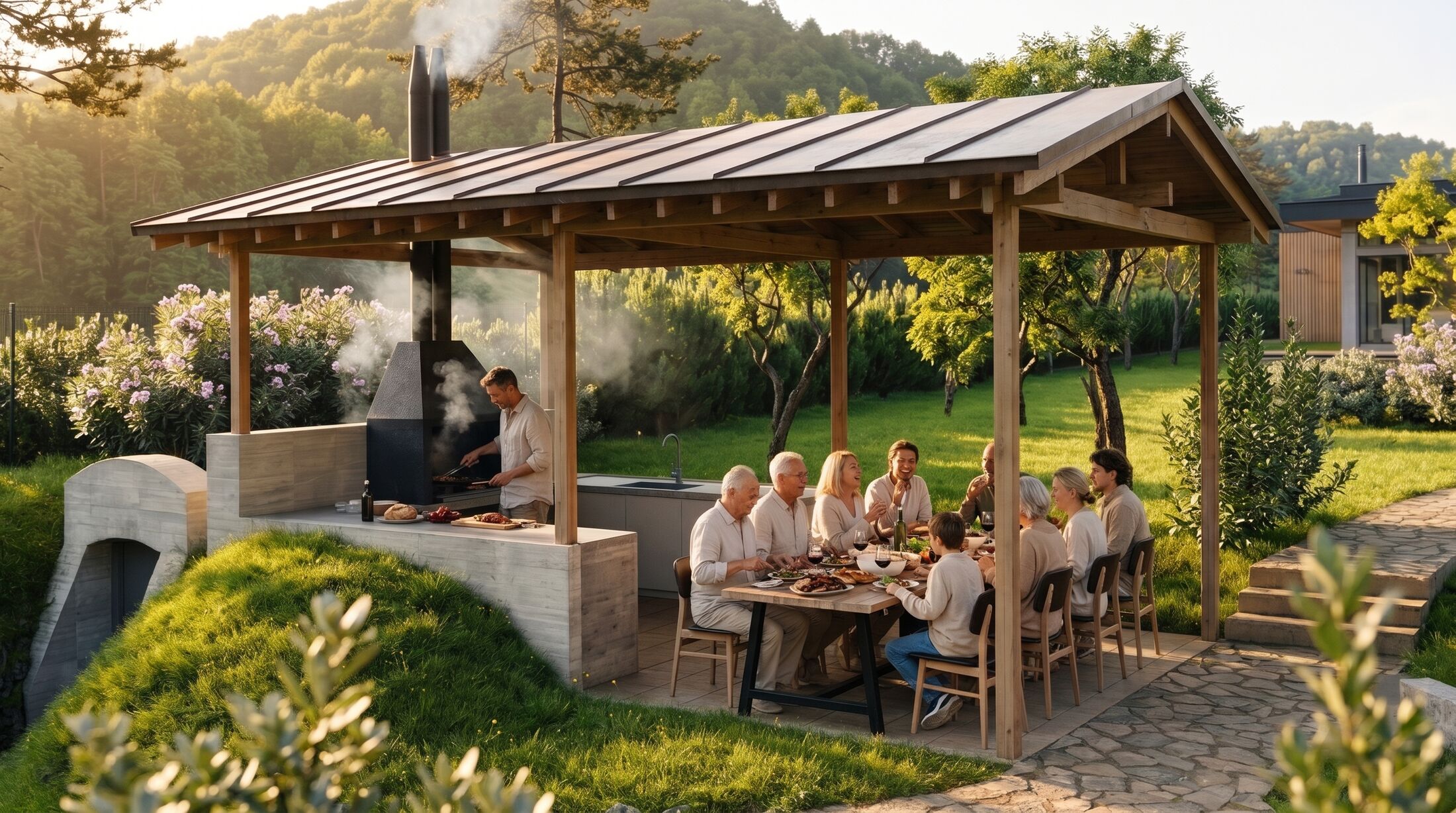 The whole family at the long table under the pavilion while the grill smokes.