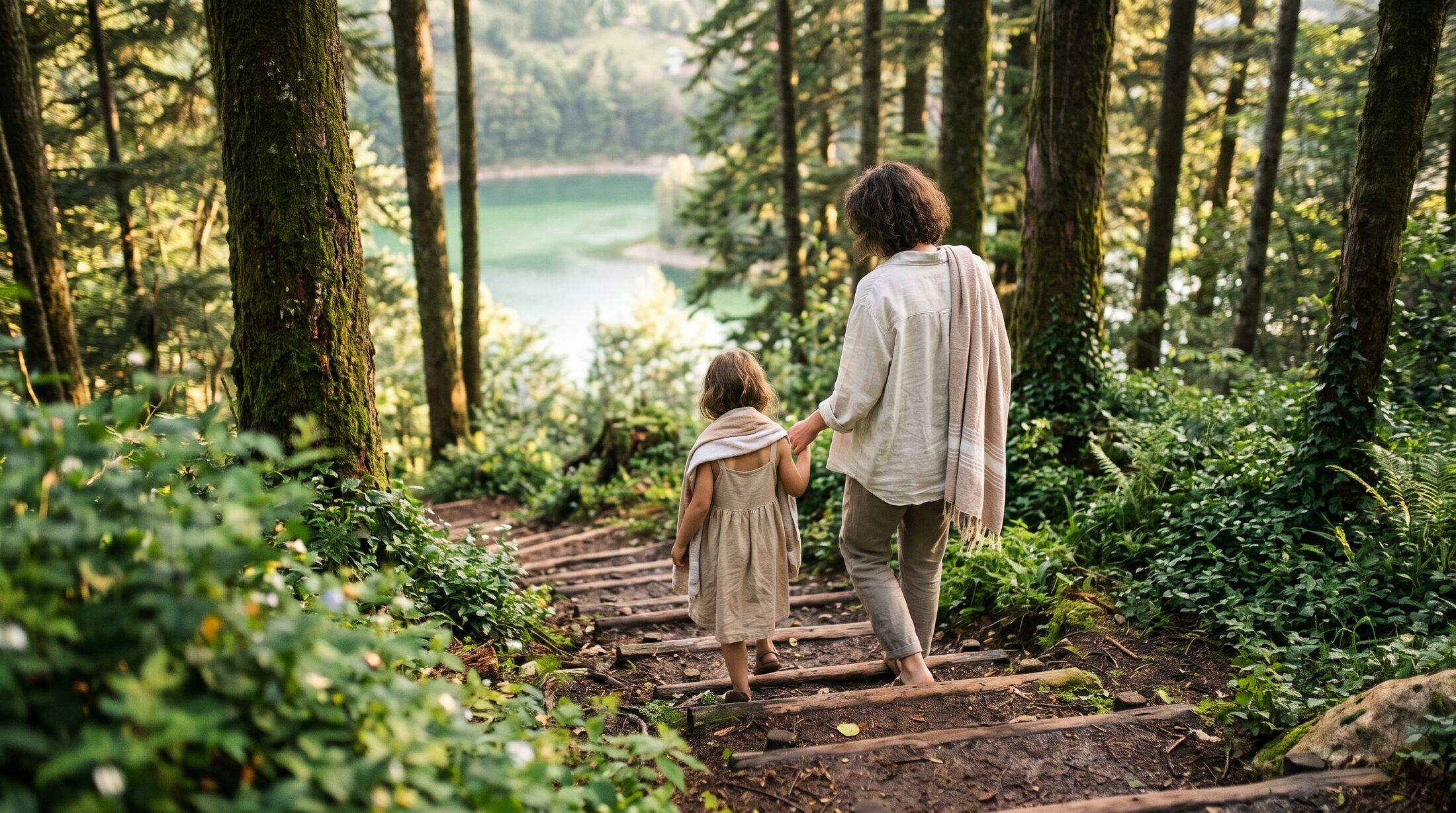 A mother and her daughter walk down the forest steps toward the lake, towels over their shoulders.